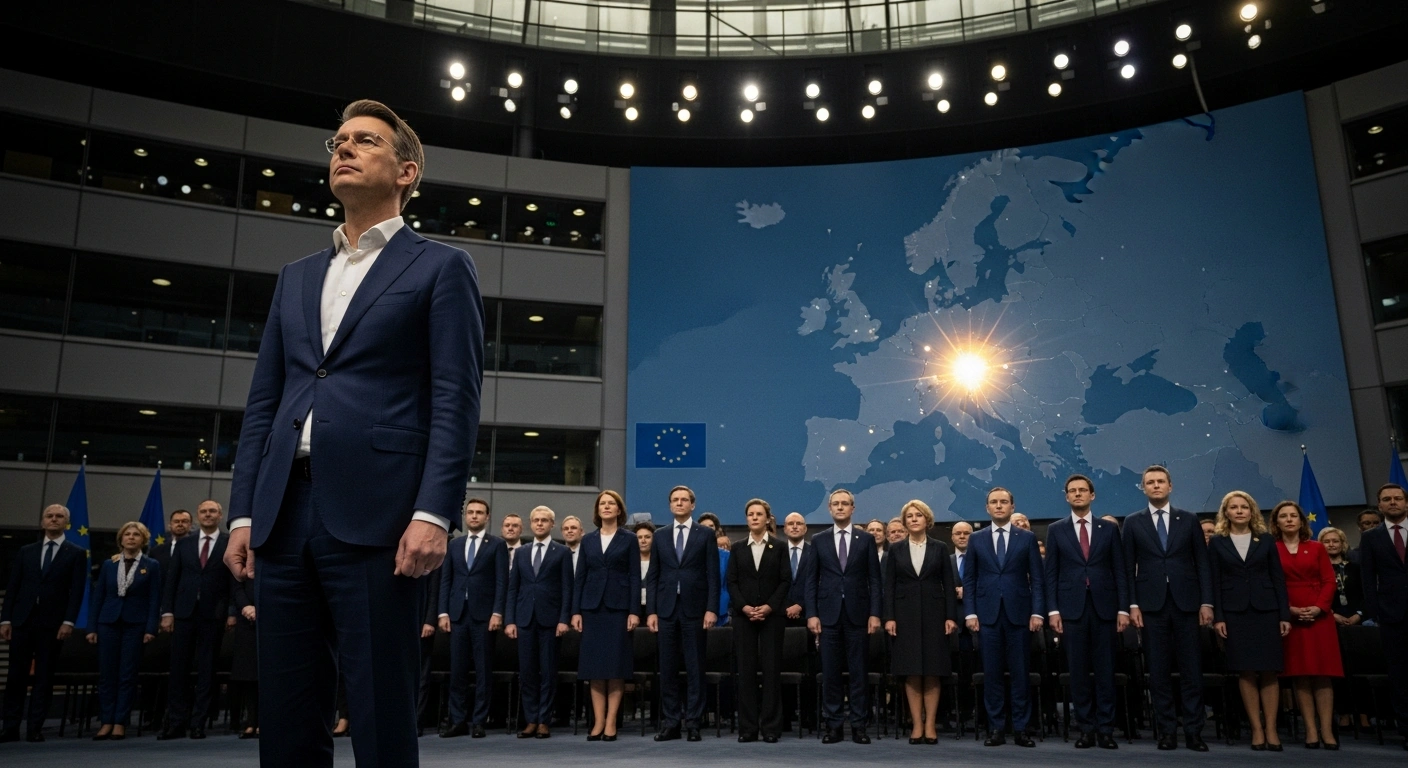 A low-angle, wide shot depicts Chancellor Friedrich Merz standing resolutely in a dimly lit European conference hall, flanked by European diplomats, symbolizing unified European support for Ukraine and discussions on German military involvement in a post-ceasefire monitoring force for regional peace.