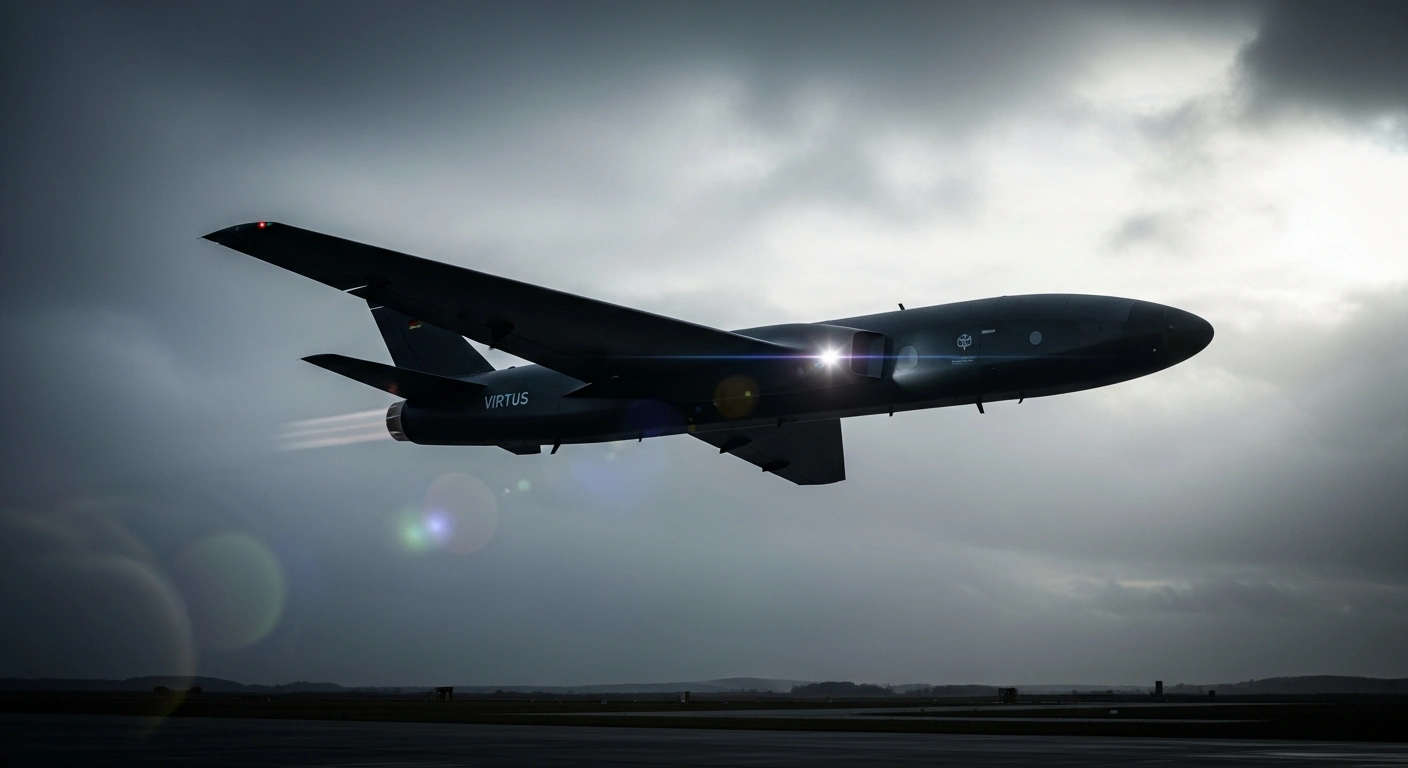 A sleek, dark VIRTUS loitering munition, developed by German defense firms TDW and STARK, is captured mid-flight against an overcast sky over a test range in Schrobenhausen, Germany, symbolizing its successful combat test and integration with the LION STRIKE 110 warhead.