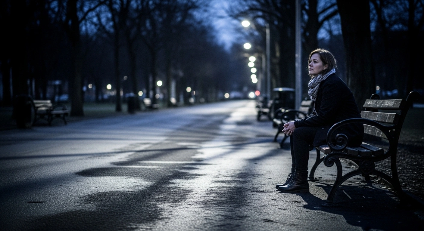 A lone woman sits hunched on a park bench at dusk, looking into the shadowed path, conveying a sense of unease and vulnerability in a public space in Germany, reflecting concerns about urban safety.