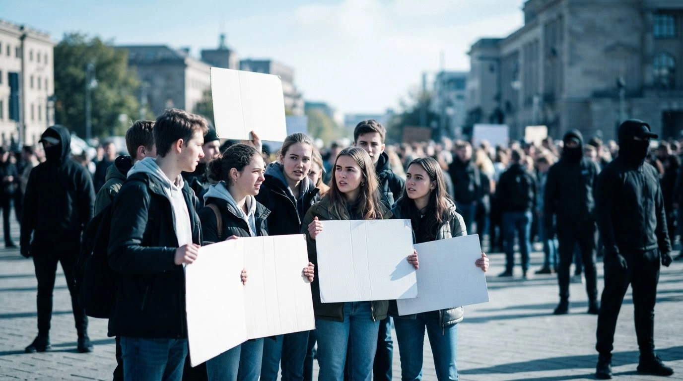 A group of young demonstrators gathers for a peaceful protest in a German city square while shadowy figures linger in the background, representing the threat of extremist infiltration.