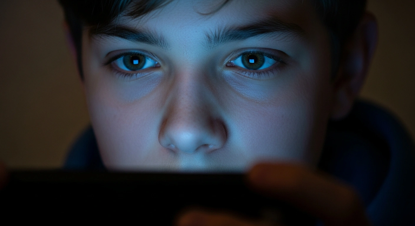 A close-up of a young German adolescent's face, illuminated by the cold blue light of a digital screen, with deep shadows highlighting a somber and absorbed expression, symbolizing the risky social media use and potential addiction among German youth.