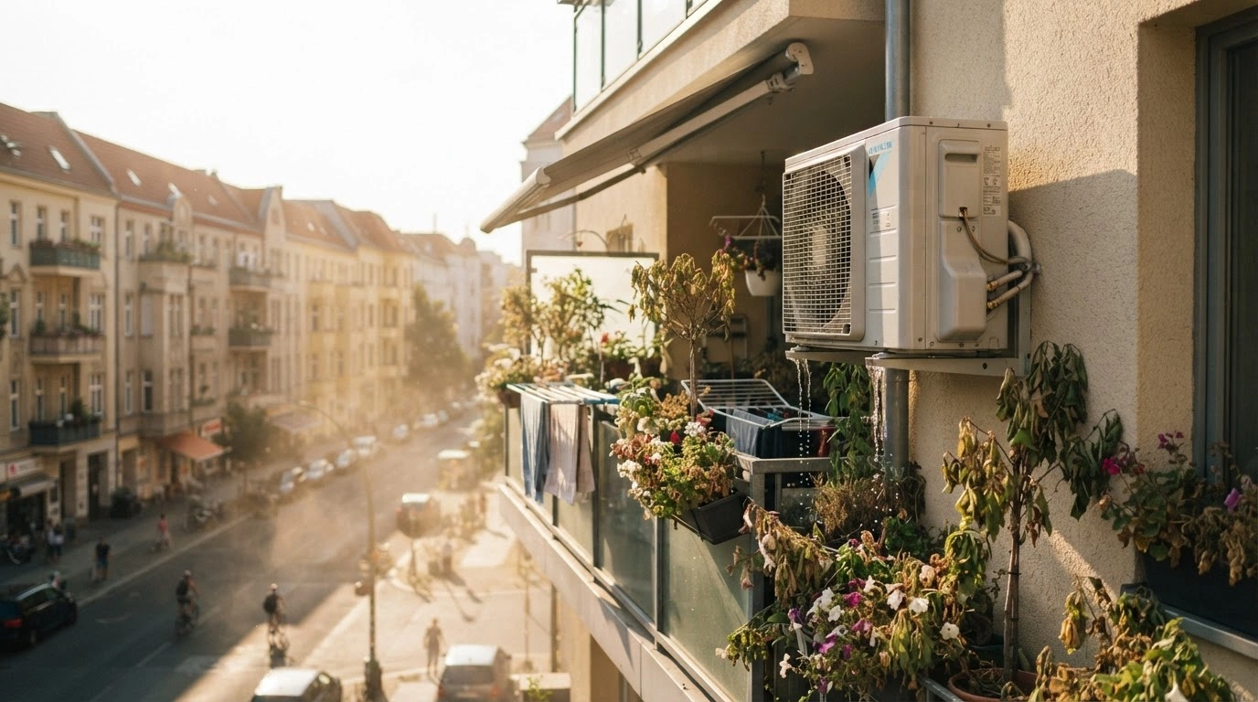 A modern air conditioning unit operates on a balcony in Germany during a summer heatwave, illustrating the tension between personal cooling needs and environmental climate goals.