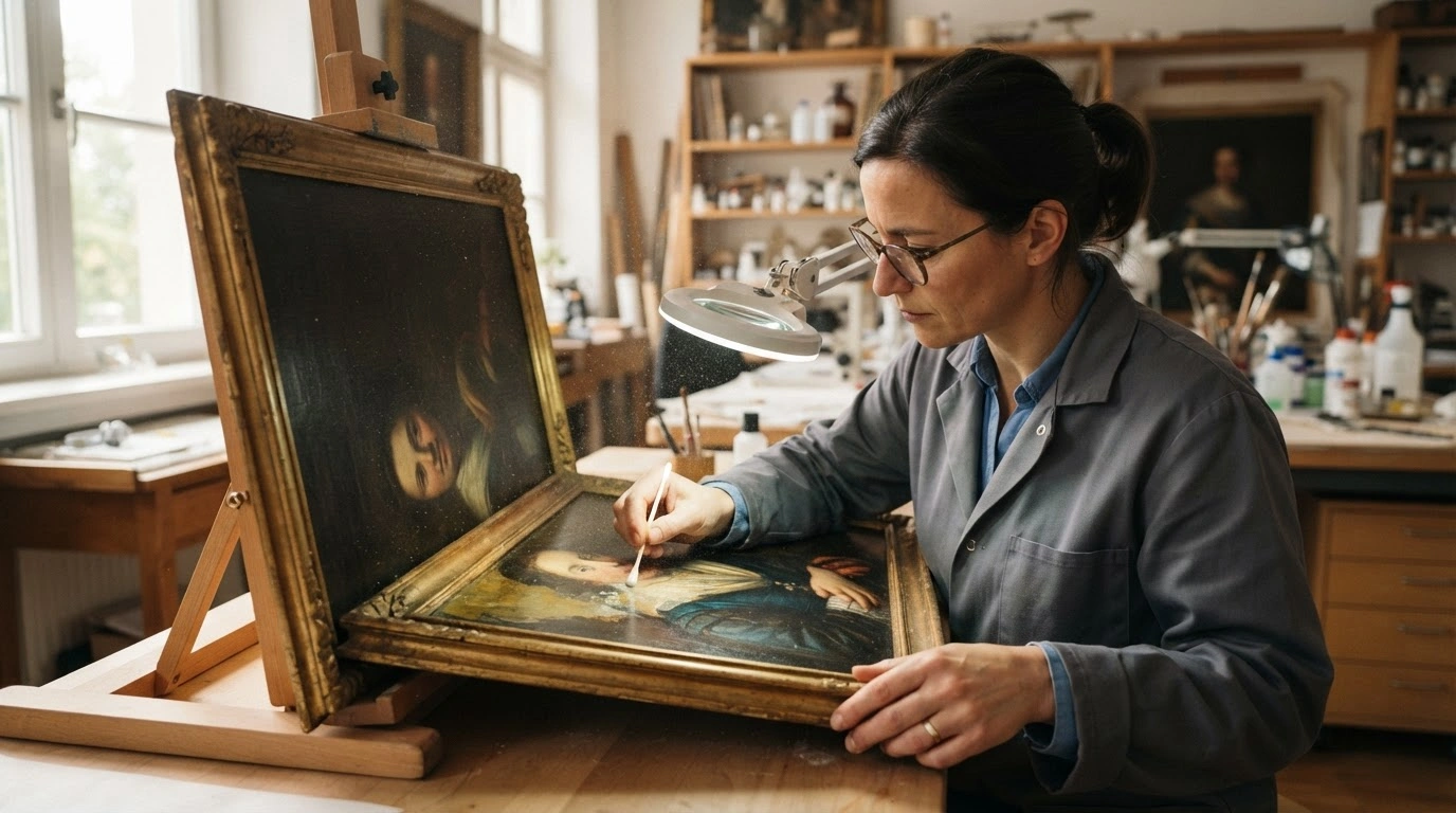 An art restorer carefully cleans an antique oil painting in a German conservation studio during the European Day of Conservation-Restoration.