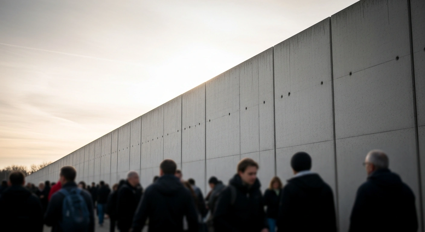 A wide, low-angle shot depicting a formidable, modern concrete wall under an overcast sky, with blurred figures in the foreground, symbolizing the widespread German public desire for stricter federal government asylum immigration policies, as indicated by recent polls.