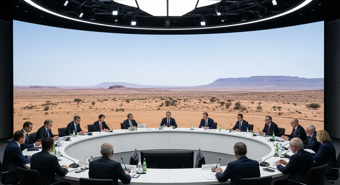 A high-level international conference in Berlin features diverse delegates seated around a large table, with a screen in the background showing a blurred image of an arid landscape, representing the humanitarian crisis in Sudan, as Germany and the African Union co-host efforts for peace and support.