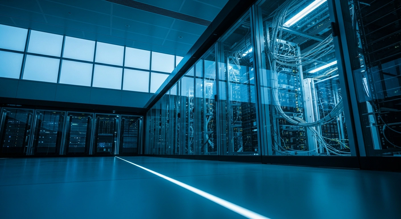 A modern, secure financial data center, illuminated by cool blue light, symbolizes the new guidance from Germany's BaFin and FIU to improve Suspicious Activity Reports for anti-money laundering and counter-terrorist financing efforts.
