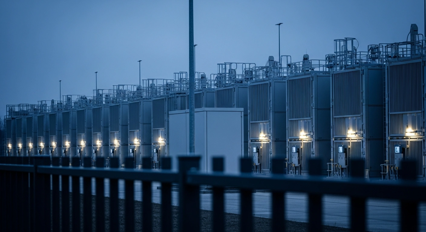 A row of industrial battery storage containers sits inactive at a power facility in Germany due to regulatory uncertainty regarding grid fee exemptions.