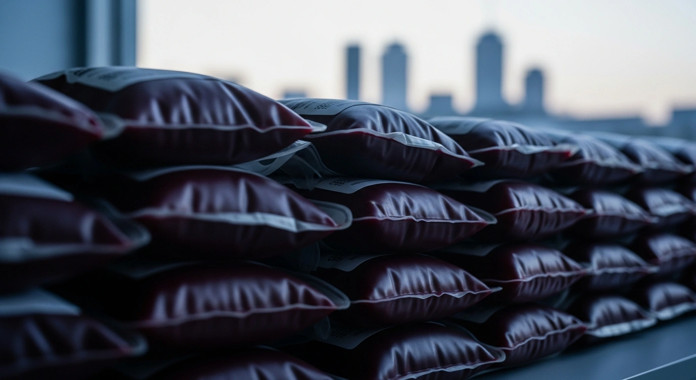 A stack of blood bags, glowing with deep crimson hues, is meticulously arranged under cool, diffused light, with a subtly blurred silhouette of a German city skyline in the background, symbolizing Germany's stabilized yet vulnerable blood reserves and the ongoing need for donations.