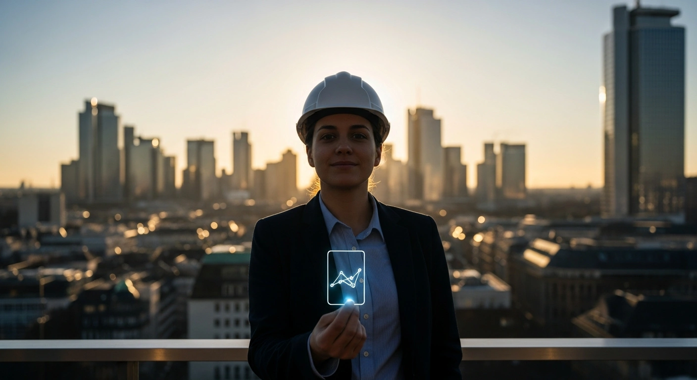 A skilled professional is silhouetted against a sun-drenched German city skyline, holding a glowing blue card, symbolizing the increased EU Blue Card salary requirements in Germany aimed at attracting skilled workers.
