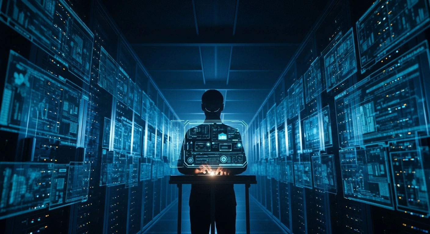 A solitary, silhouetted figure stands in a vast, dimly lit, ultra-modern server room, surrounded by translucent screens displaying glowing data streams, symbolizing Germany's Federal Intelligence Service (BND) acquiring expanded surveillance and hacking authorities, including communication interception, data retention, and offensive cyber operations with 'federal trojans'.