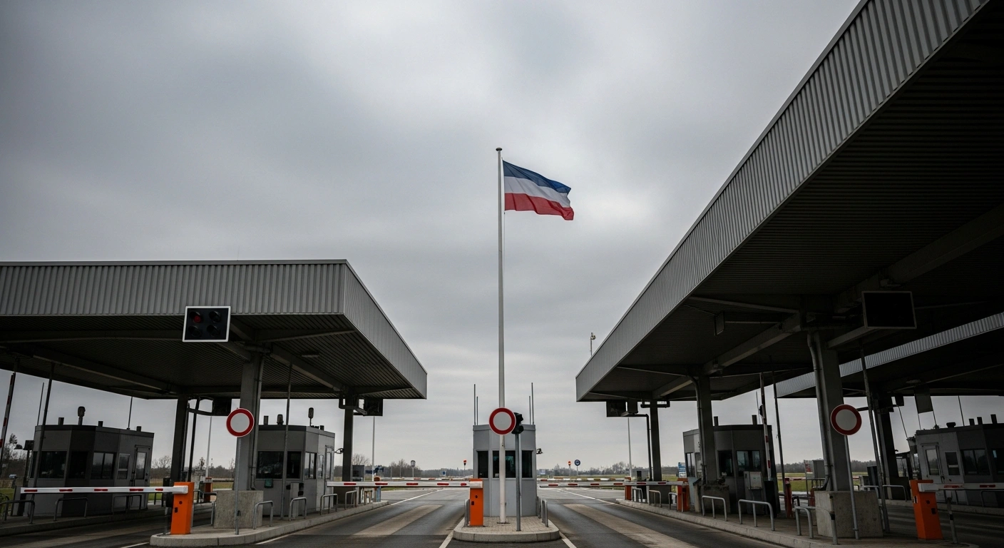 A wide-angle, low-angle shot of a modern, imposing German border checkpoint under an overcast sky, symbolizing Germany's decision to prolong land-border checks with its Schengen neighbors due to concerns over irregular migration and internal security.