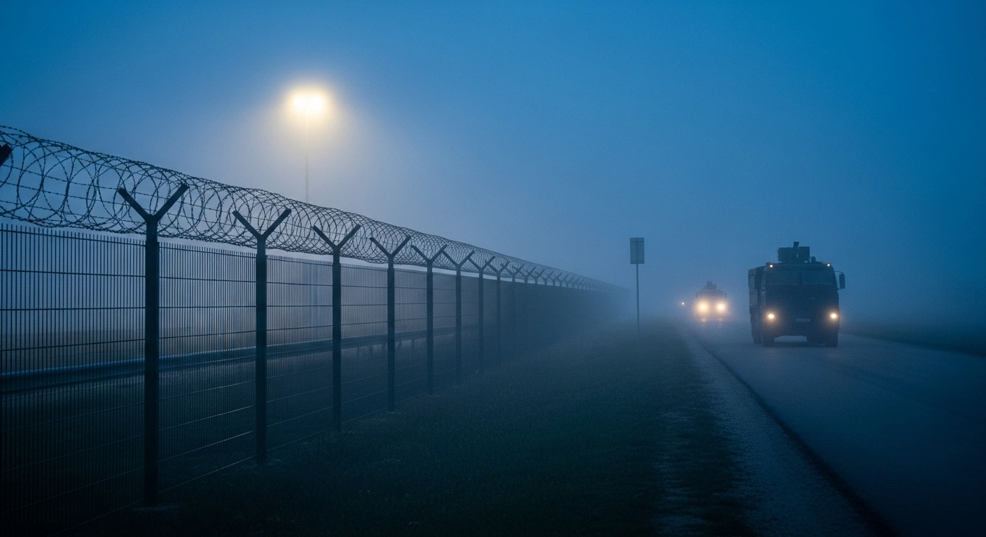 A stark, fog-kissed land border checkpoint at pre-dawn, illuminated by a single floodlight, featuring a formidable chain-link fence topped with razor wire and a silhouetted border patrol vehicle, symbolizing Germany's prolonged internal border controls due to irregular migration and security risks.