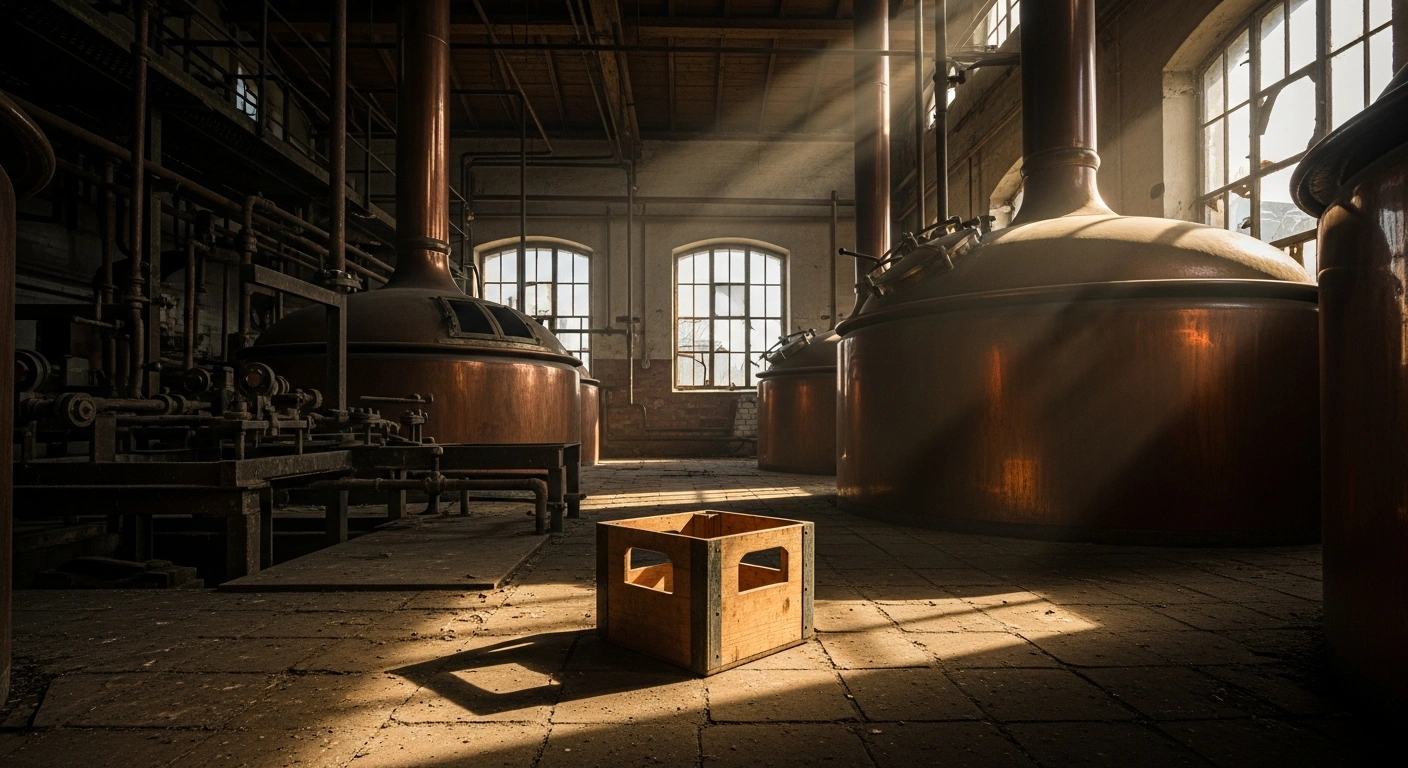 An abandoned German brewery interior with empty crates and rusted vats illustrates the decline of the nation's brewing industry.