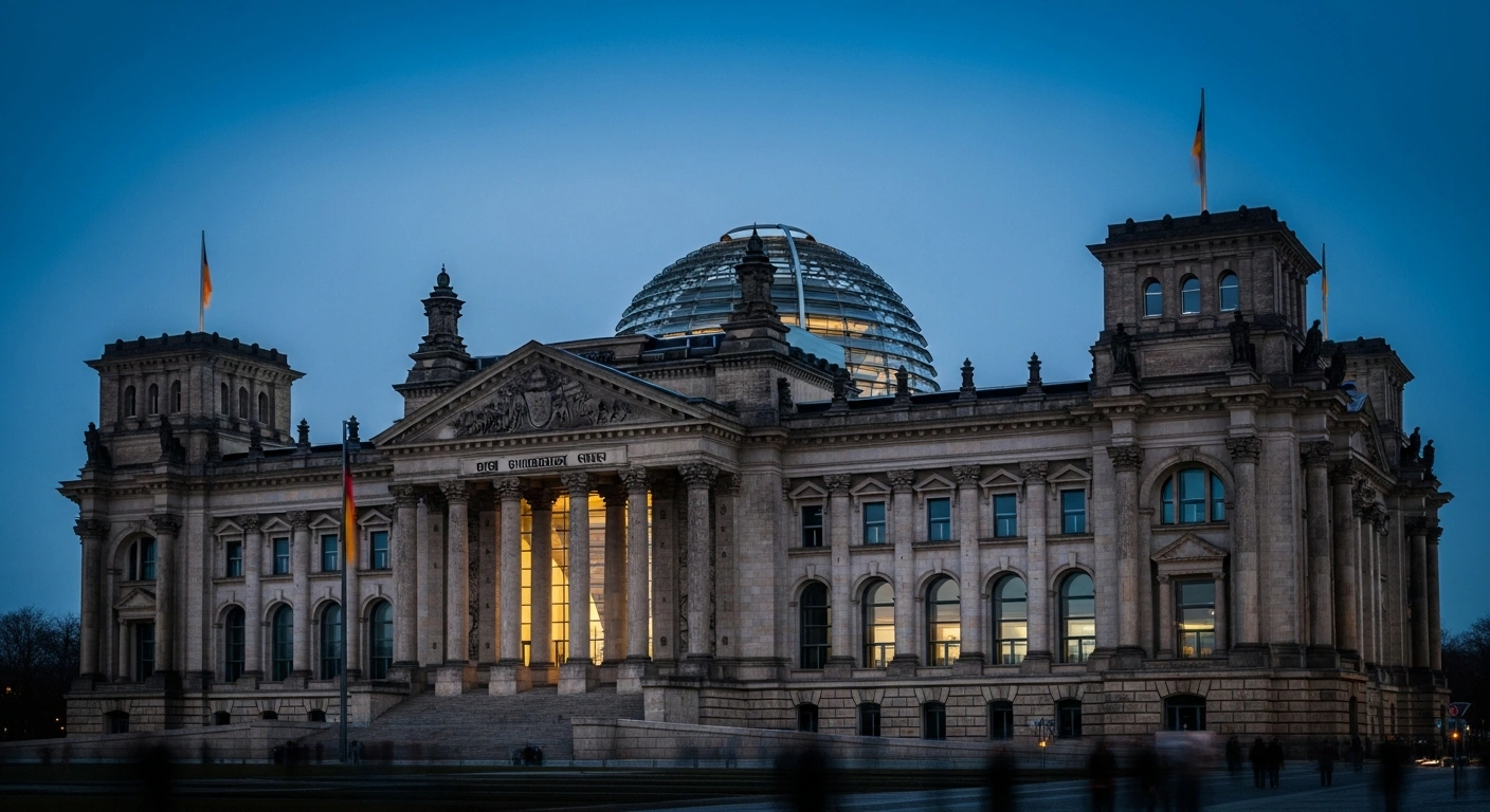 A wide, low-angle photograph of the illuminated Reichstag building in Berlin at twilight, its glass dome reflecting a deep blue, representing Germany's approved 2026 federal budget which includes significant new borrowing for defense spending, aid to Ukraine, and economic investments.