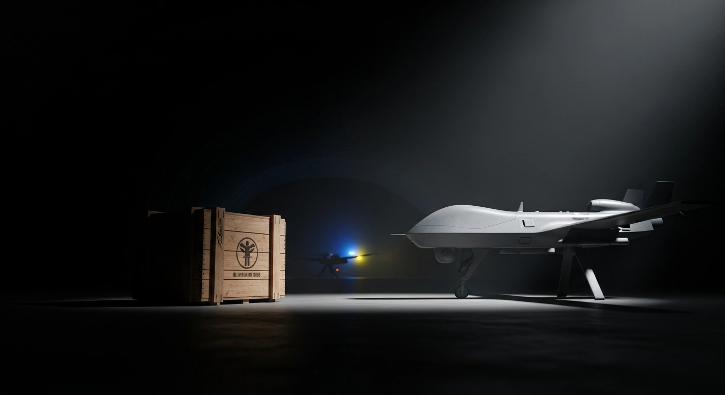 A visual representation of Germany's 2026 budget reallocation shows a dimly lit, empty humanitarian aid crate juxtaposed with a brightly illuminated modern military drone, symbolizing cuts to humanitarian aid and increased defense spending, with a distant blue and yellow glow hinting at increased aid to Ukraine.
