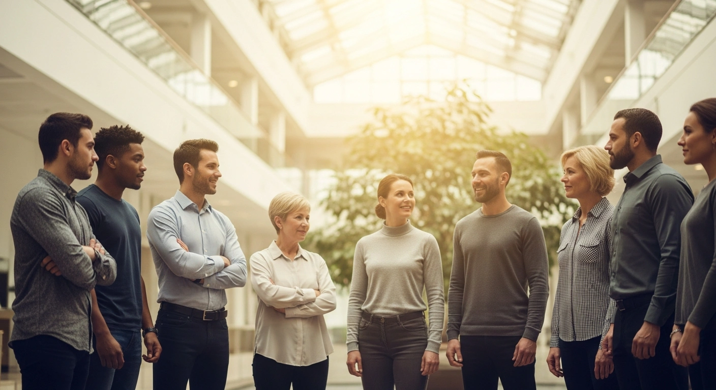 A diverse group of people from various professional and athletic backgrounds stand together in a bright, modern space to celebrate German Diversity Day.