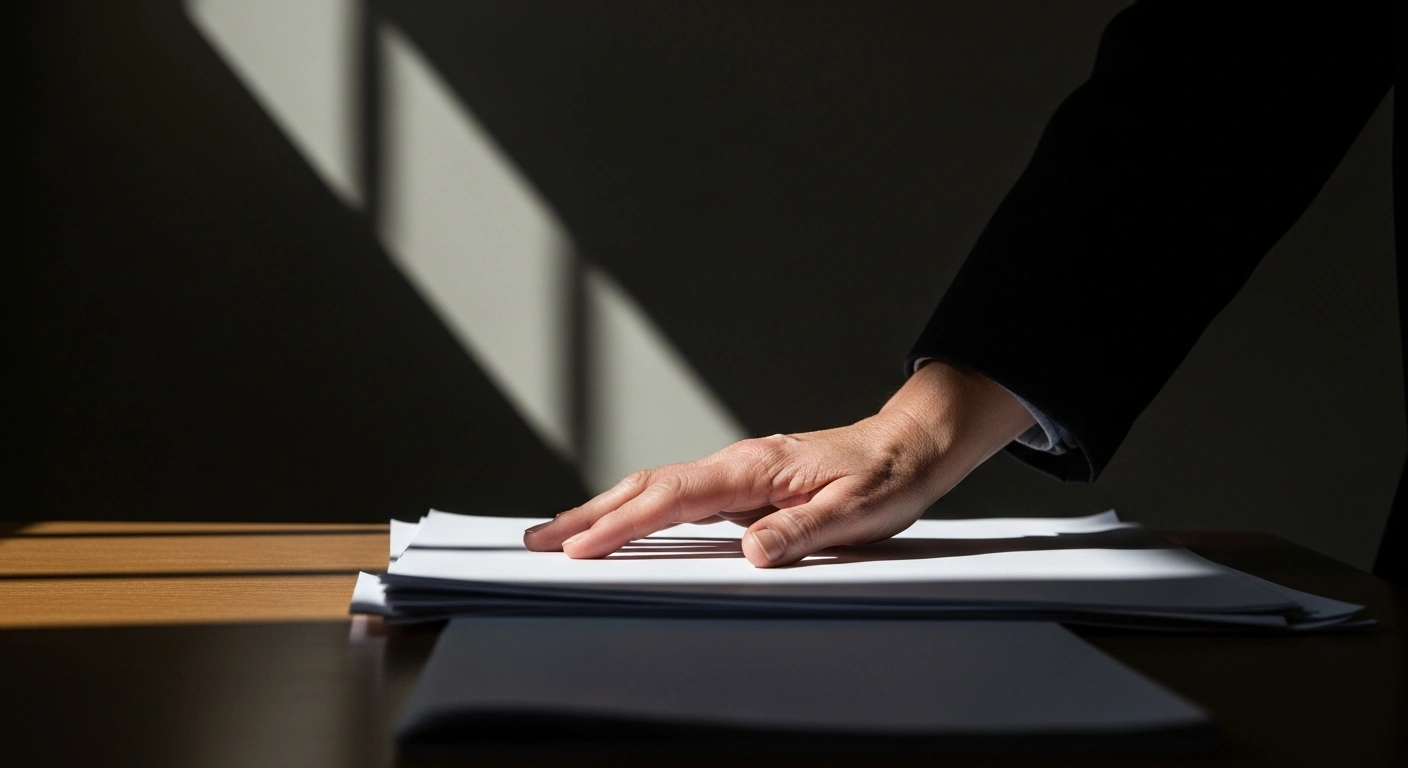A close-up image shows an aged hand hovering hesitantly over a blank canvas or papers, illuminated by a harsh, narrow beam of light that casts oppressive shadows, symbolizing the self-censorship and shrinking freedom of expression in academic and artistic circles due to Germany's anti-terrorism laws, particularly concerning Palestinian rights advocacy.