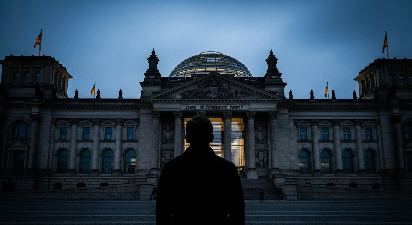 A lone, silhouetted figure stands before the illuminated Reichstag building at twilight under a stormy sky, symbolizing Germany's challenging period and the urgent need for reforms to fund its welfare system and boost economic growth, reflecting the concerns of German Chancellor Friedrich Merz regarding global tensions and domestic fiscal pressures.