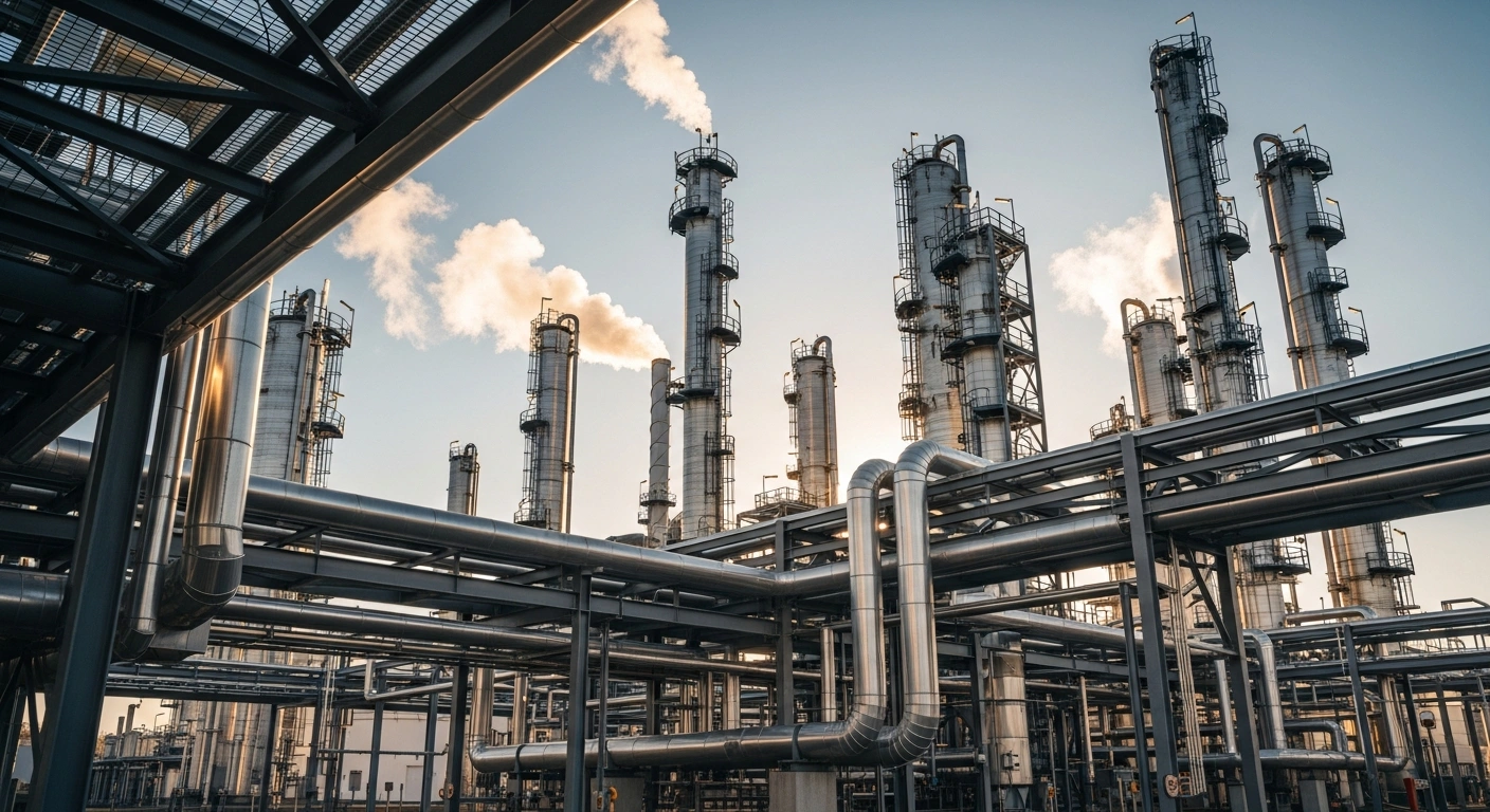 A modern German chemical manufacturing facility operates under a clear sky as part of a government strategy to support industrial competitiveness and climate neutrality.