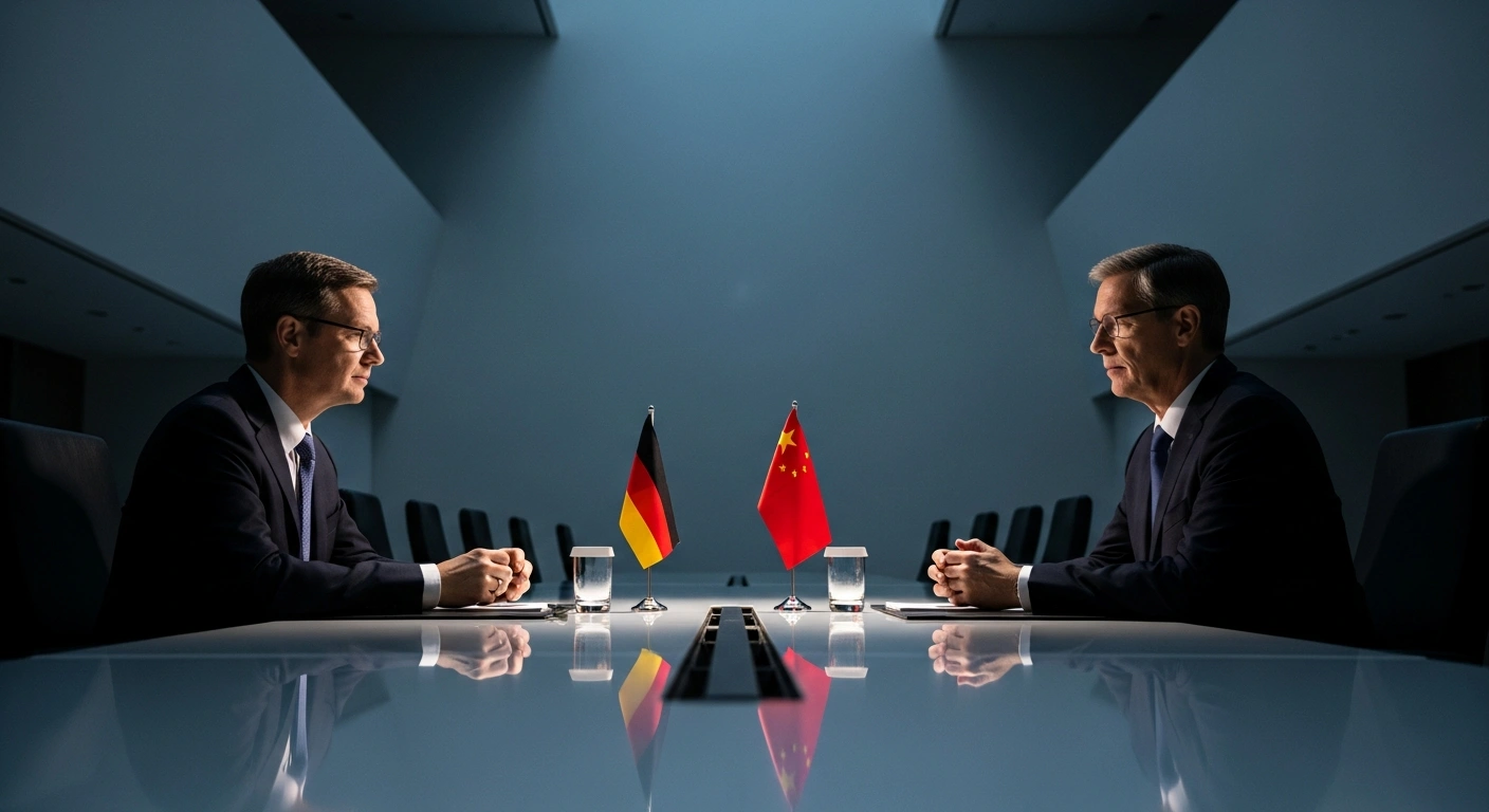 Two high-ranking political leaders, one European and one Asian, are seated across a large, polished conference table in a modern, grand room, engaged in high-level talks, symbolizing the complex relationship between Germany and China focusing on trade and economic ties.