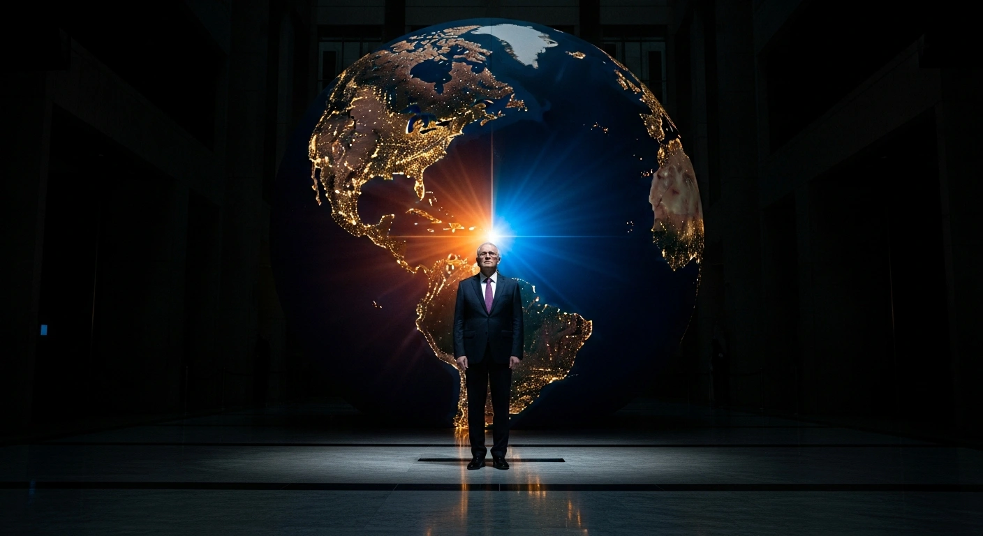 German Chancellor Friedrich Merz stands on a polished floor, illuminated by contrasting warm light representing Asia and cool light representing North America, symbolizing his strategic navigation of foreign and economic policy amidst global tensions between China and the United States.