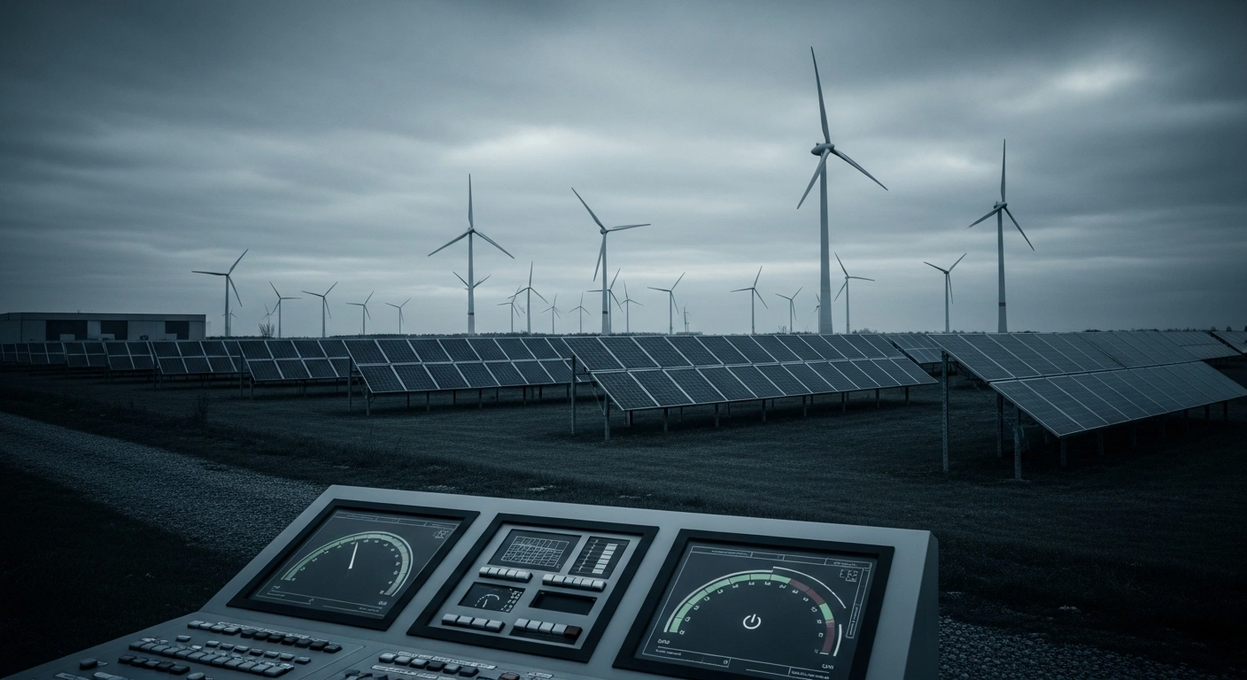 A landscape of idle wind turbines and solar panels represents the slow disbursement of Germany's Climate and Transformation Fund for green infrastructure projects.