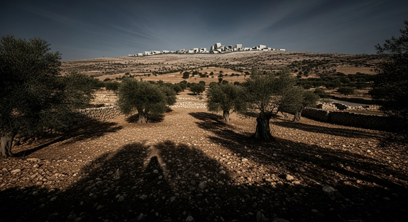 A wide, cinematic shot depicts an arid, ancient landscape under a late afternoon sun, with a newly constructed, imposing geometric settlement on a distant ridge casting long, dramatic shadows over ancient olive trees and dry earth.