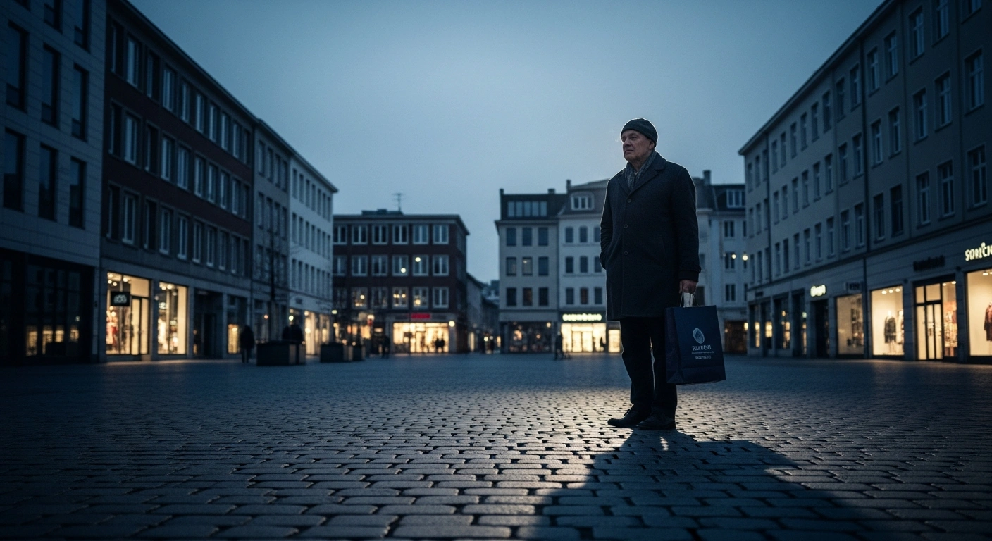 A solitary person stands in a quiet, dimly lit European city square, representing the decline in Germany's consumer climate and economic pessimism.