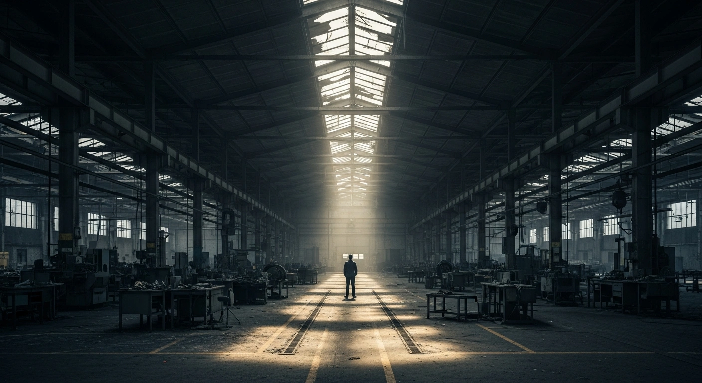 A wide, cinematic shot of an abandoned German factory floor with rusted machinery and empty workstations, symbolizing the significant rise in corporate insolvencies in Germany in 2025, driven by high energy costs, inflation, weak demand, and structural issues, impacting thousands of employees.