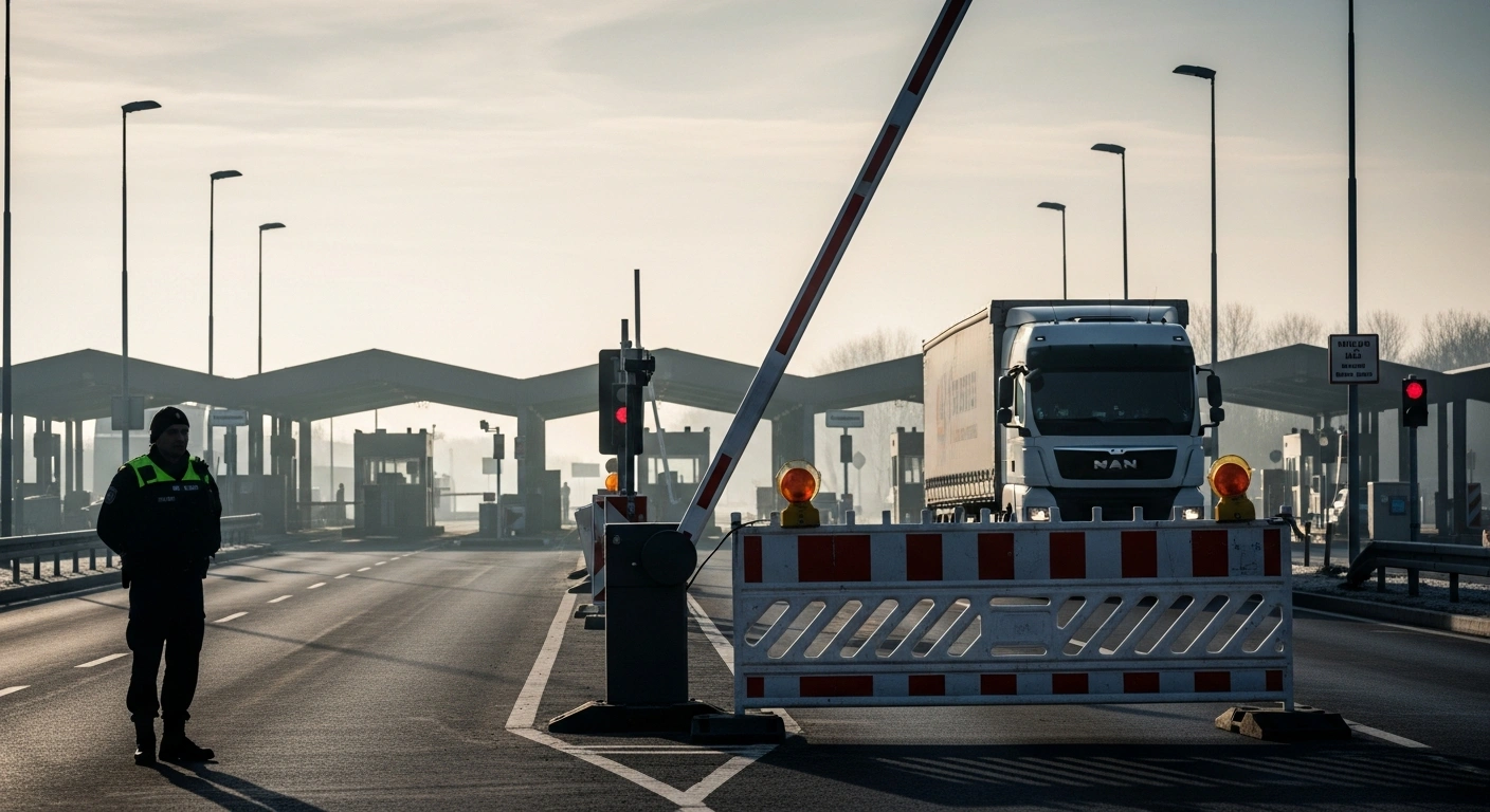 A German border guard stands near a closed border barrier at a crossing point, with a large truck passing through, illustrating the stringent border controls enacted by Germany in March 2020 with nations like France, Austria, and Switzerland to curb the COVID-19 pandemic while allowing essential goods and commuters.