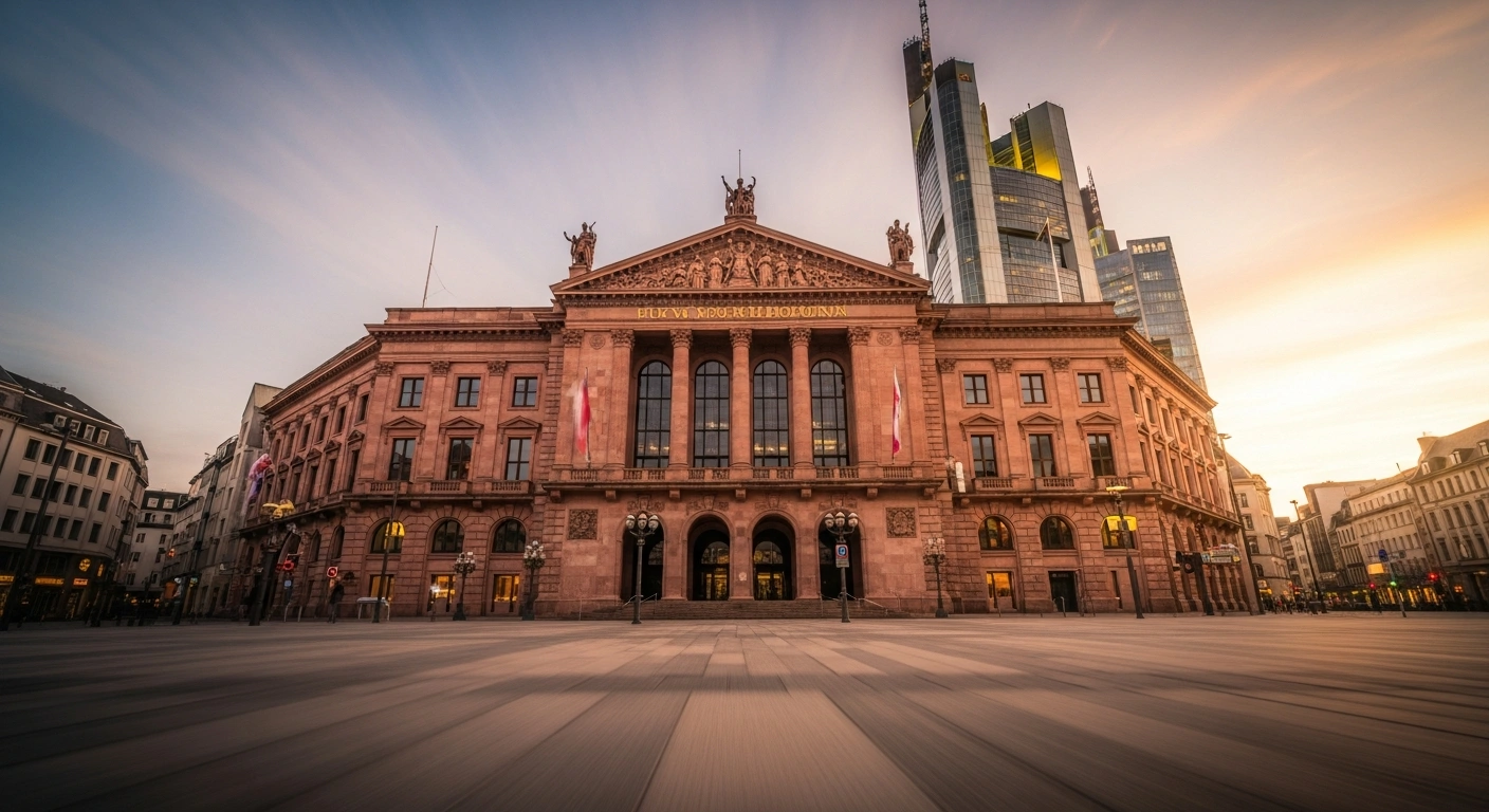 The Frankfurt Stock Exchange building is illuminated by a warm, golden glow at dusk, symbolizing the robust performance of Germany's DAX index in 2025, which closed at 24,490.41 points, driven by gains in technology, defense, and banking sectors and government spending initiatives.