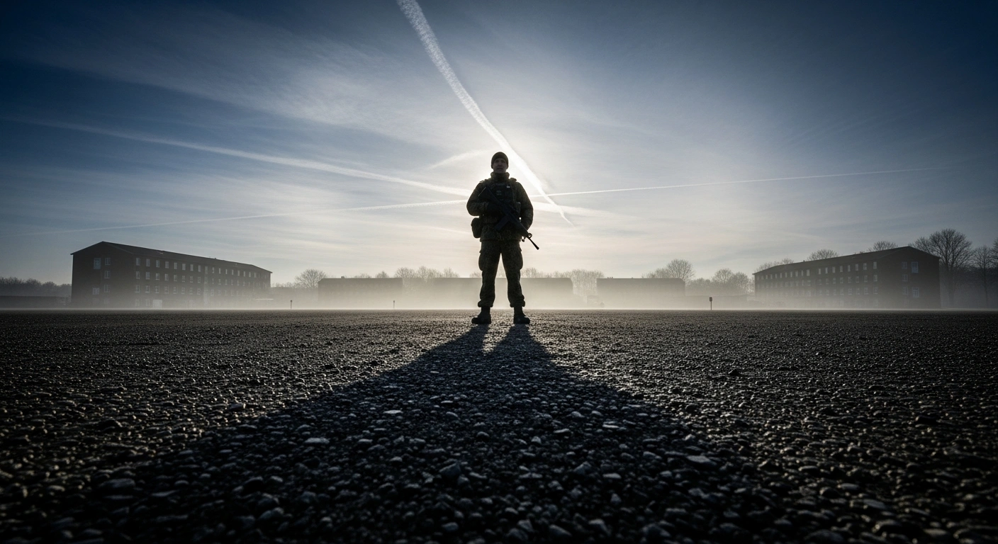 A German soldier stands in a misty field as officials debate the potential reinstatement of compulsory military service for the Bundeswehr.