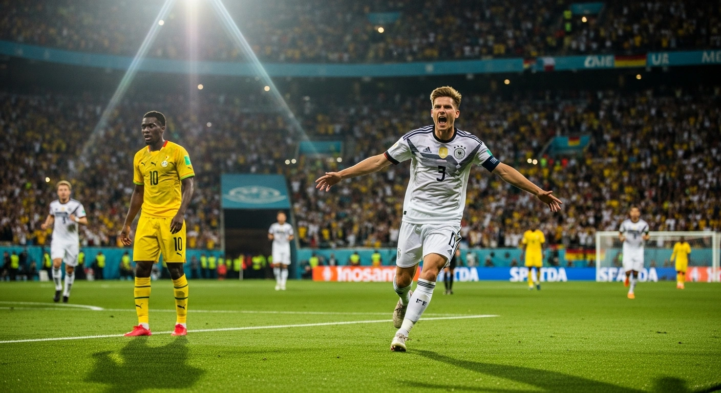 A German football player celebrates a goal against the Ghana national team during an international friendly match at the MHPArena in Stuttgart.