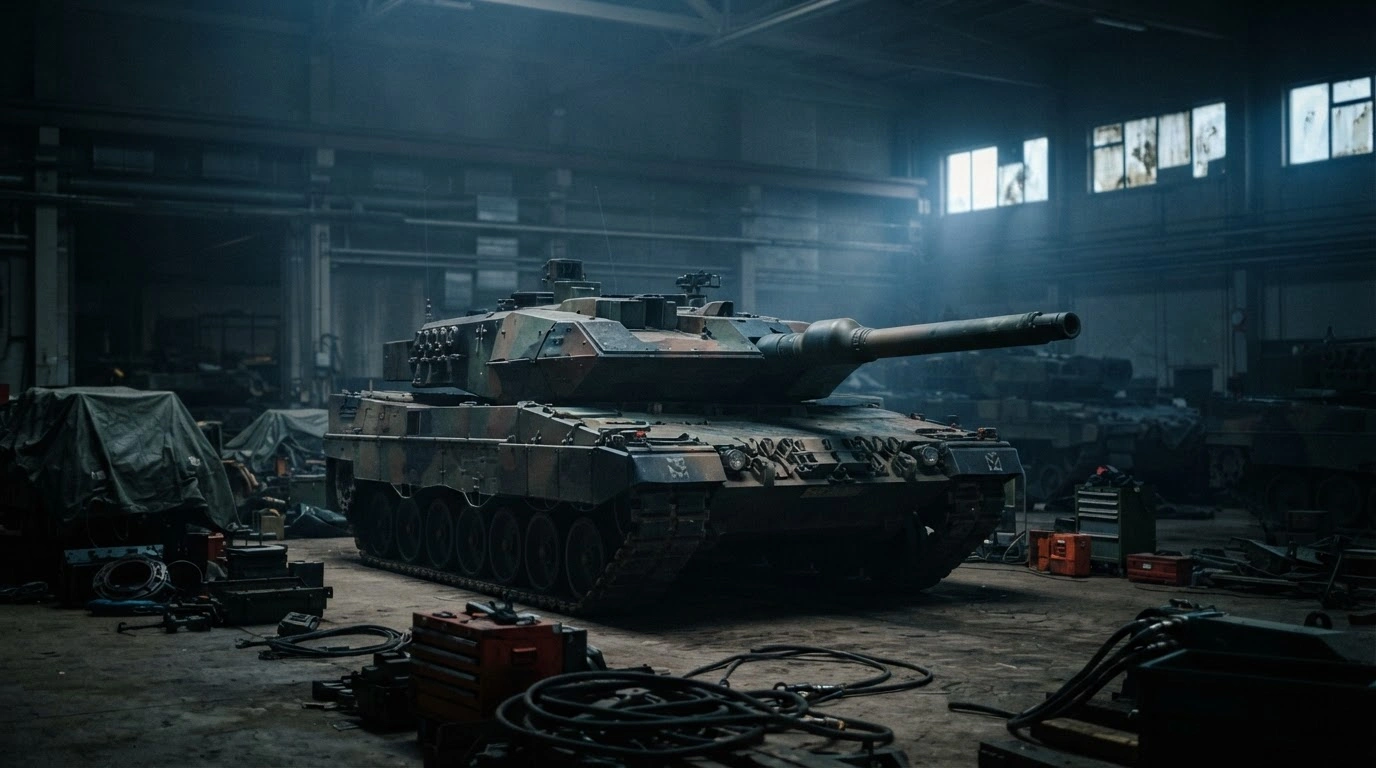 A modern German military tank sits idle inside a dimly lit industrial facility, representing the procurement challenges and modernization delays currently facing the Bundeswehr.