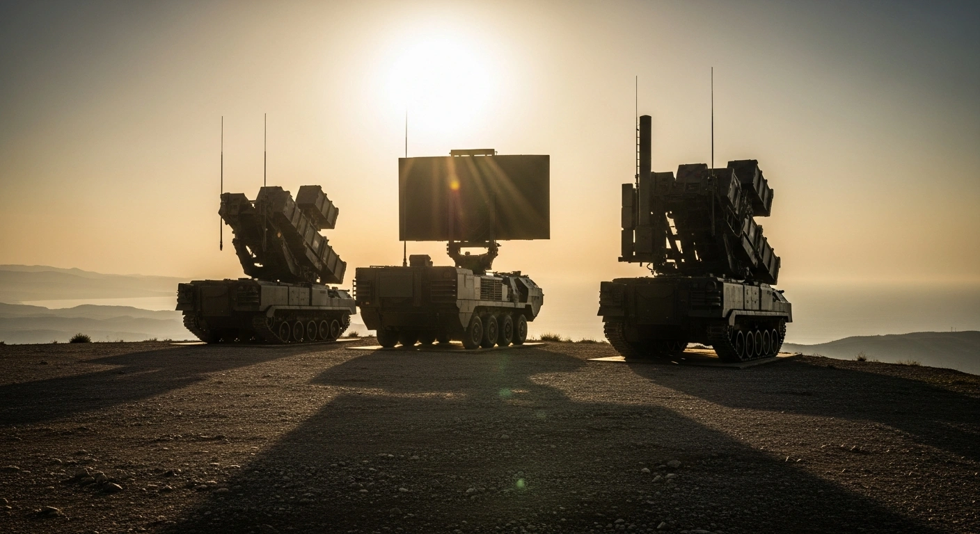 A German Patriot air defense battery is deployed on a coastal landscape to bolster NATO security in Turkey.