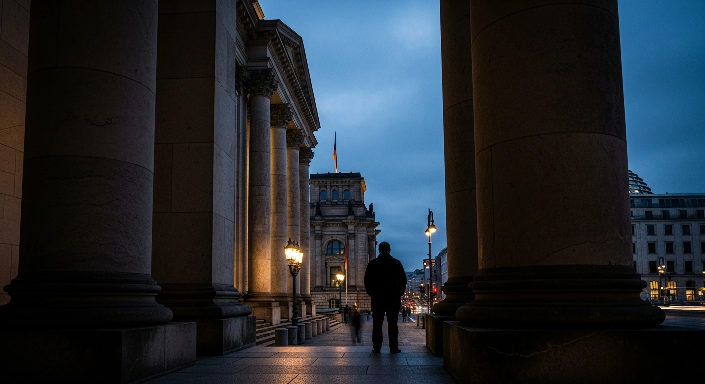 A somber government building in Germany stands at dusk as officials debate new deportation policies following a fatal attack in Trier.
