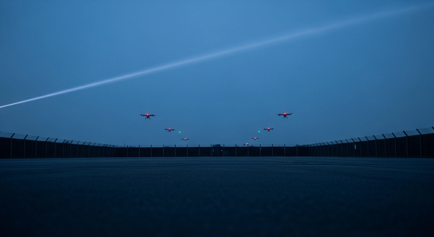 A wide, low-angle shot shows a floodlit German military base at dusk, with multiple small, dark drones hovering in the distance, their navigation lights barely visible, as a powerful beam of light from a counter-drone system cuts across the frame, illustrating Germany's response to suspicious drone flights and concerns of state-controlled espionage.
