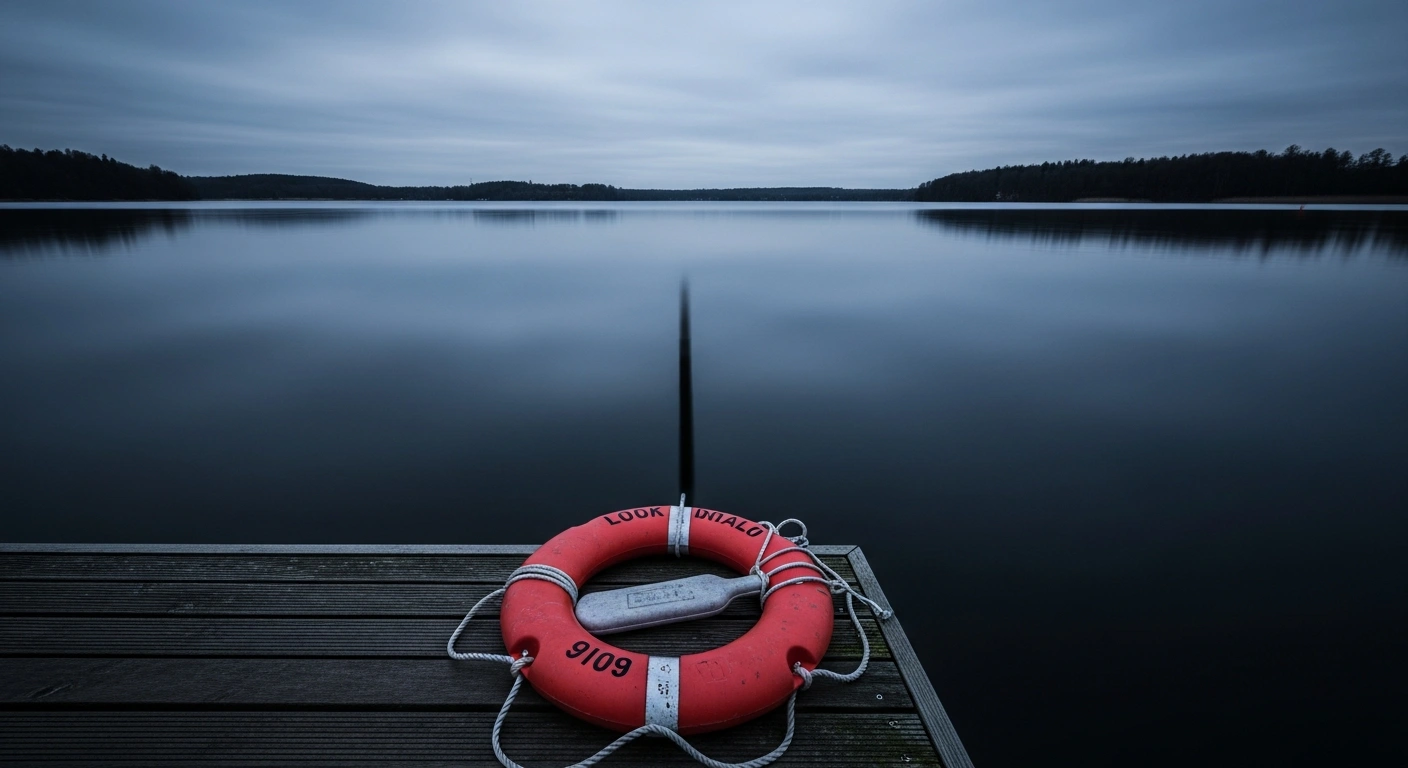A solitary red lifebuoy sits on a wooden pier overlooking a dark lake in Germany, symbolizing the rise in drowning fatalities reported by the DLRG.