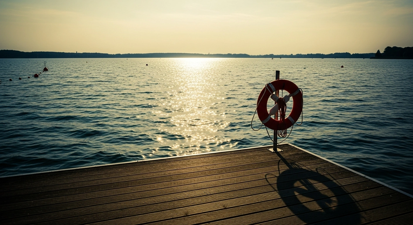 A red lifebuoy sits on a wooden pier overlooking a calm lake in Germany during a record-breaking heatwave.