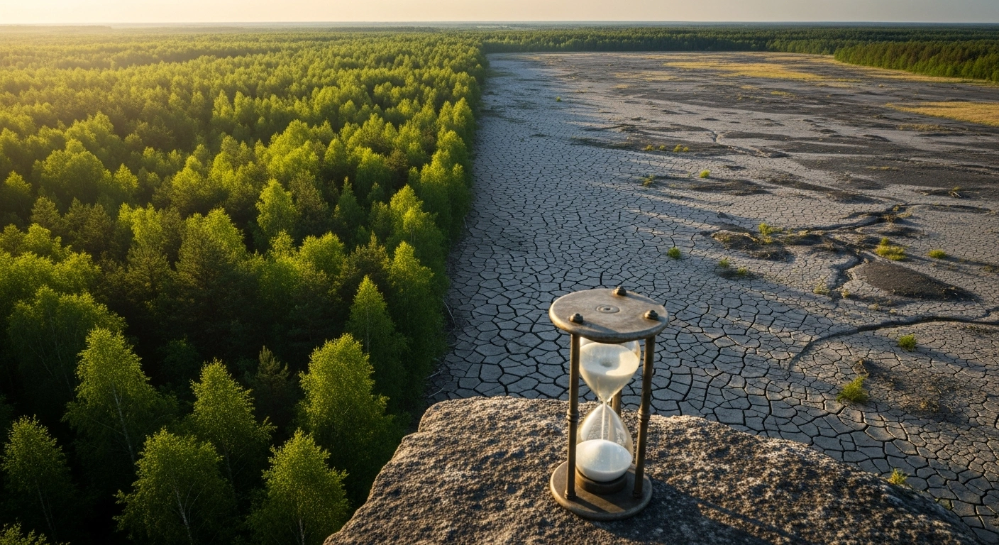 An hourglass sits in the foreground of a landscape showing a sharp divide between a healthy forest and a barren, depleted industrial area, representing Germany's Earth Overshoot Day.
