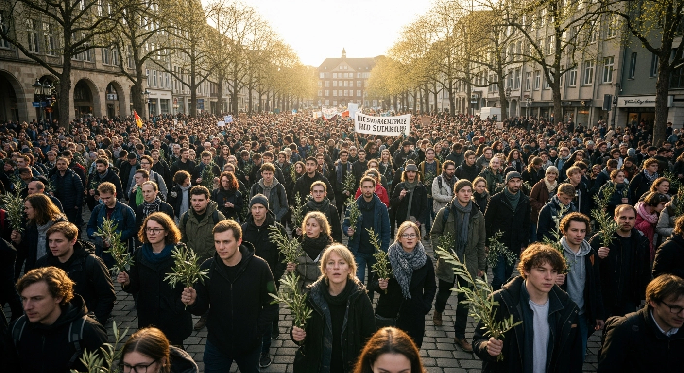 Thousands of demonstrators participate in an Easter Peace March in a German city to advocate for an end to global conflicts.