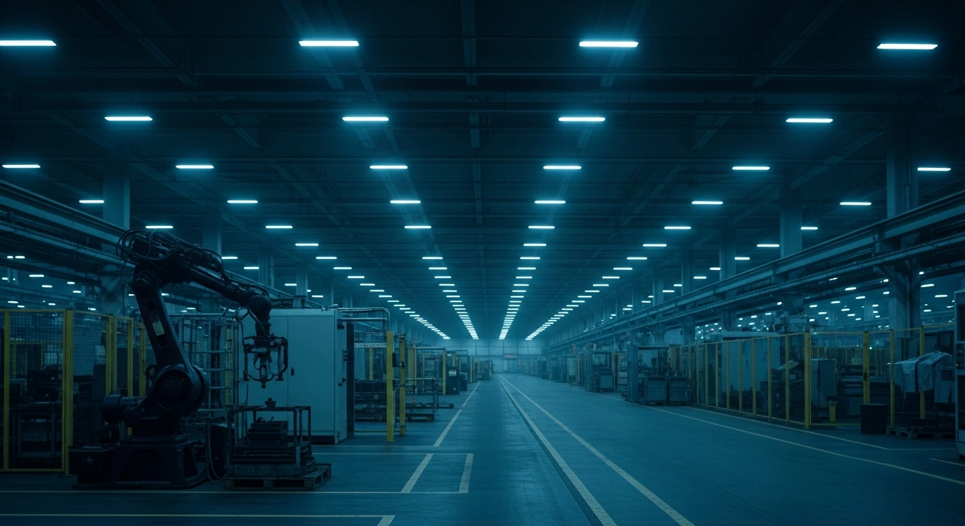 A dimly lit, inactive industrial factory floor in Germany represents the contraction of the country's private sector and manufacturing industry.