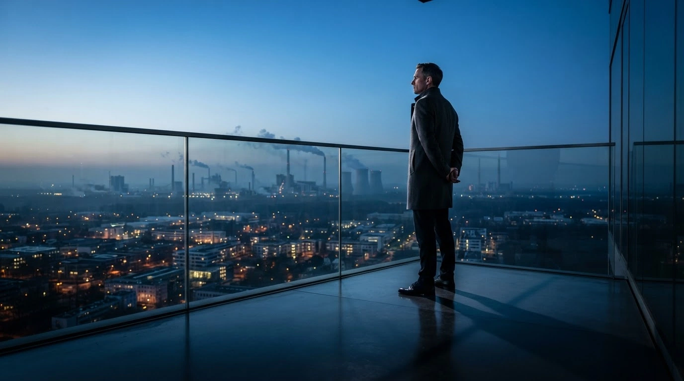 A financial analyst overlooks a modern German industrial city at dusk while assessing the economic impact of the AfD party's electoral performance in Saxony-Anhalt.