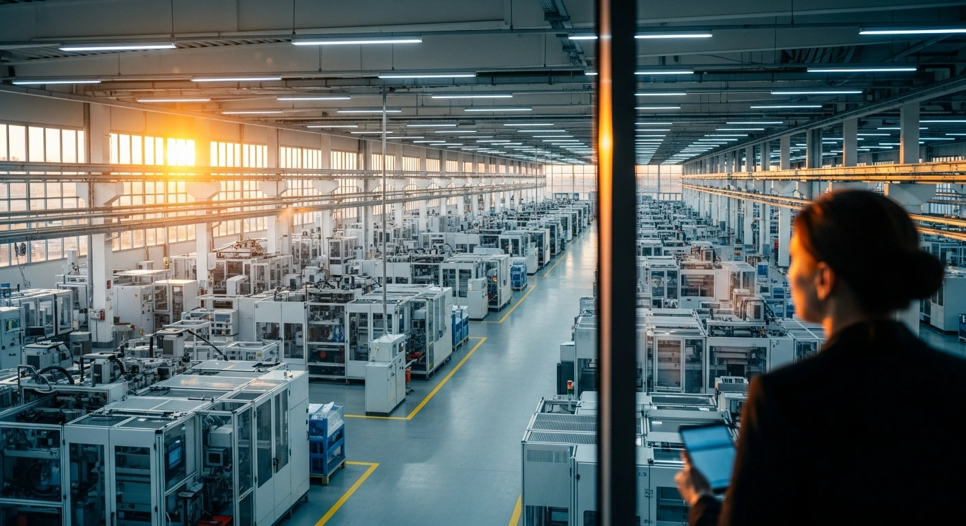 A modern German manufacturing facility bathed in golden sunlight represents the positive shift in the country's economic outlook and industrial stability.
