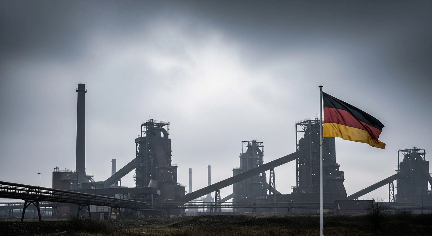 A dimly lit, vast industrial landscape under an overcast sky, featuring dormant machinery and a limp German flag, visually representing Germany's persistent slow economic growth and the warnings from its Council of Economic Experts regarding the 2025 GDP forecast and a €500 billion special fund.