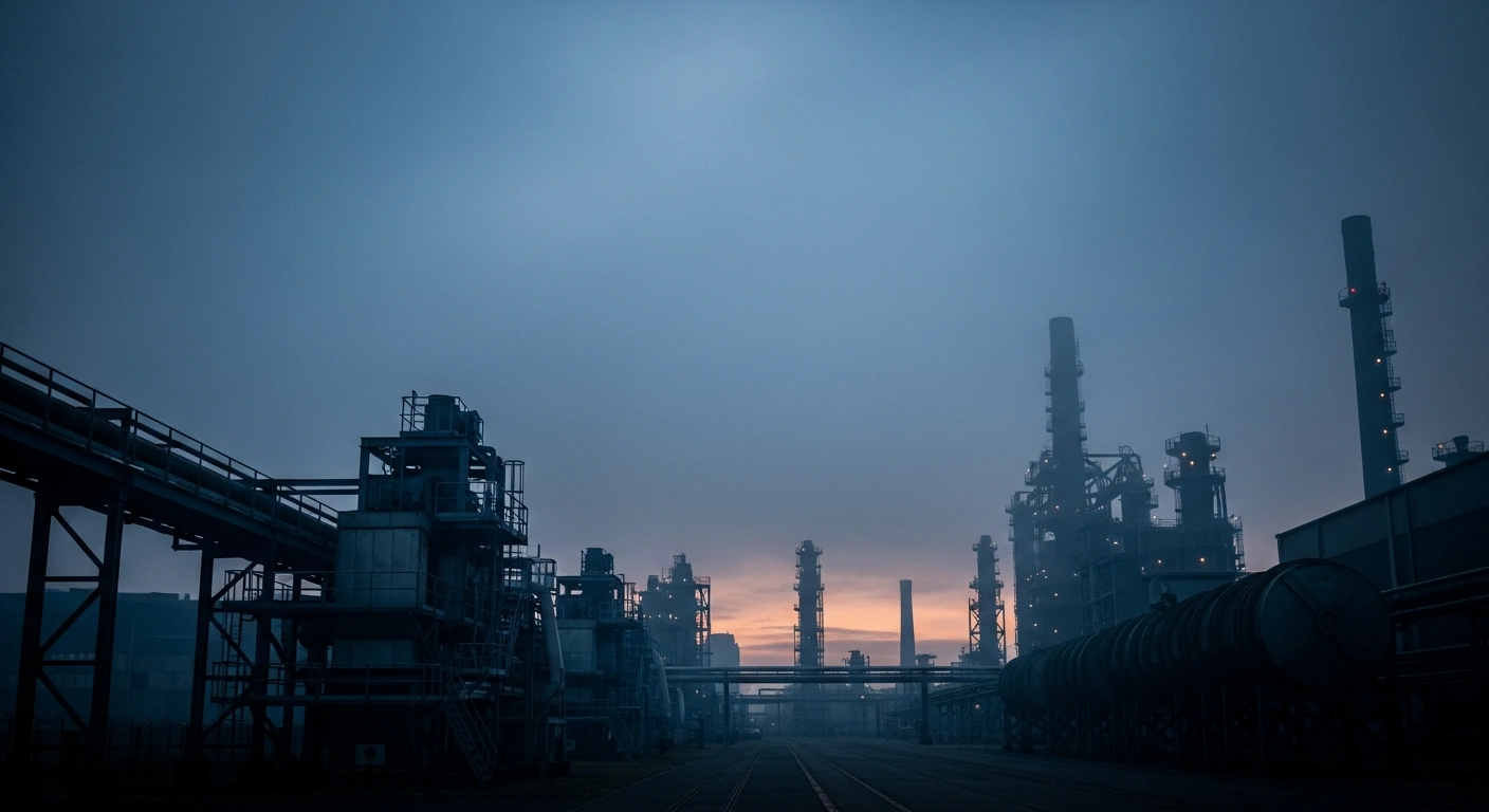 A desolate German industrial factory stands in the twilight as a symbol of the economic slowdown caused by geopolitical tensions between the United States and Iran.