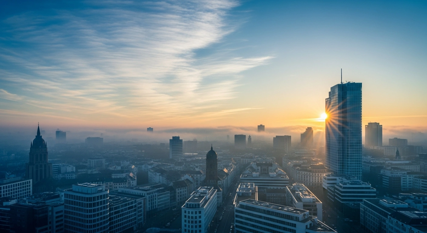 A wide, elevated shot of a modern German cityscape at dawn, with golden sunlight breaking through a cool blue mist, symbolizing Germany's economic recovery in 2026, driven by domestic demand and government spending, following a 0.3% GDP increase.