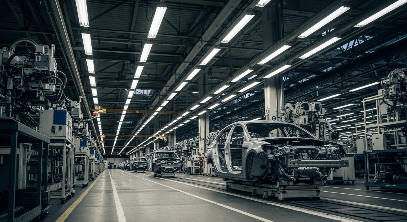 A wide, low-angle shot of a silent German automotive factory floor at dusk, featuring dormant machinery and an unfinished car chassis, visually representing Germany's economic stagnation and the impact of escalating U.S. tariffs on key export sectors like automotive and mechanical engineering.