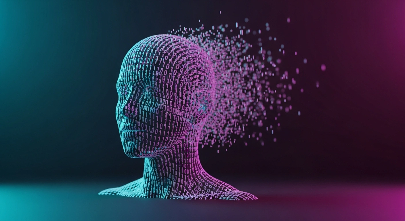 A digital representation of an artificial intelligence silhouette is illuminated by blue and purple light to symbolize the enforcement of EU AI Act transparency regulations in Germany.