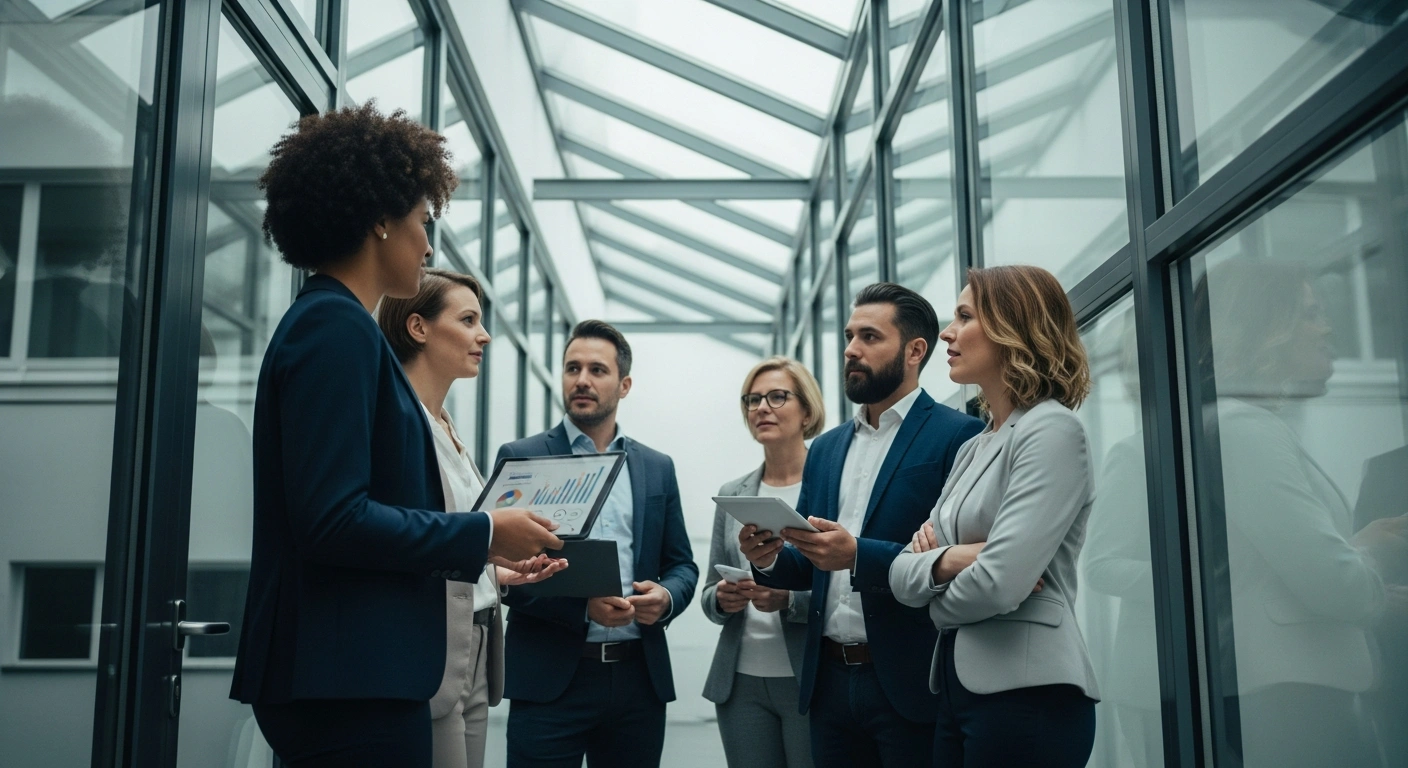 A diverse group of professionals stands in a modern German office to represent the implementation of the EU Pay Transparency Directive aimed at closing the gender pay gap.